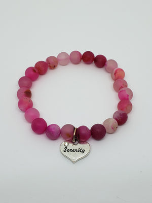 Druzy Agate Pink Matte Round Bead Stretch Bracelet with Serenity Charm
