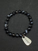 Black Onyx Banded Round Bead Stretch Bracelet with Strength Charm