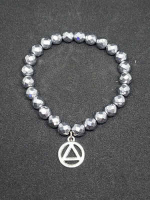 Hematite Silver Colour Faceted Round Bead Stretch Bracelet with AA Charm
